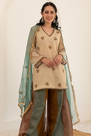 Multi-Colored Tissue Sharara Set by Pairaahan
