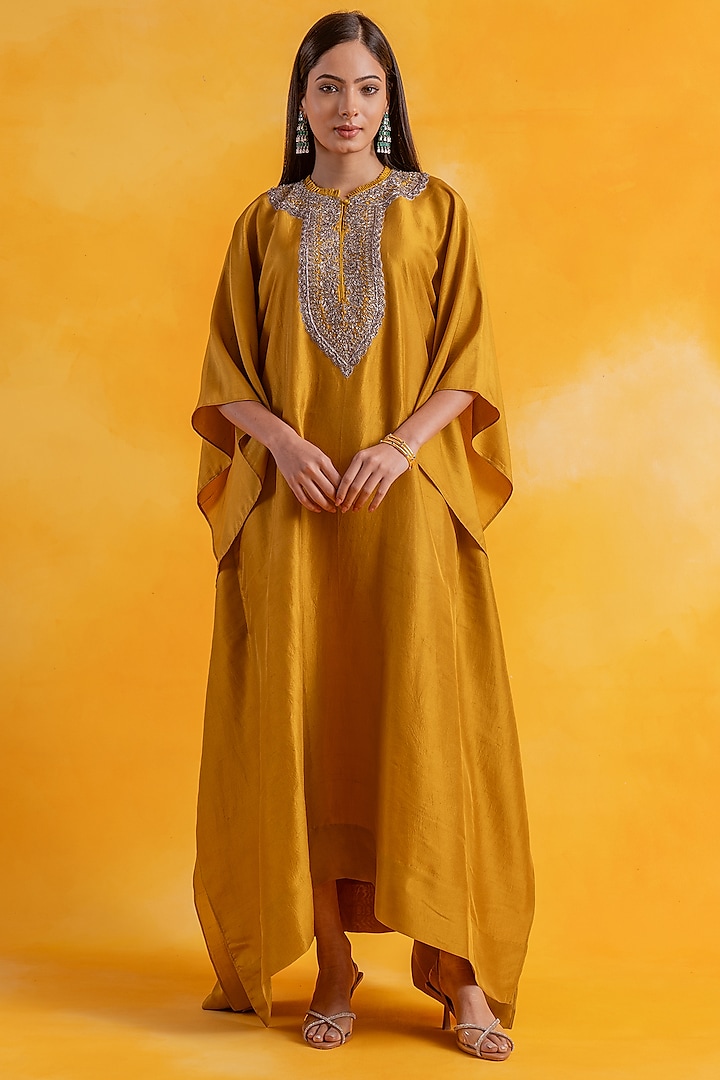 Yellow Premium Silk Embroidered Kaftan by Pairaahan