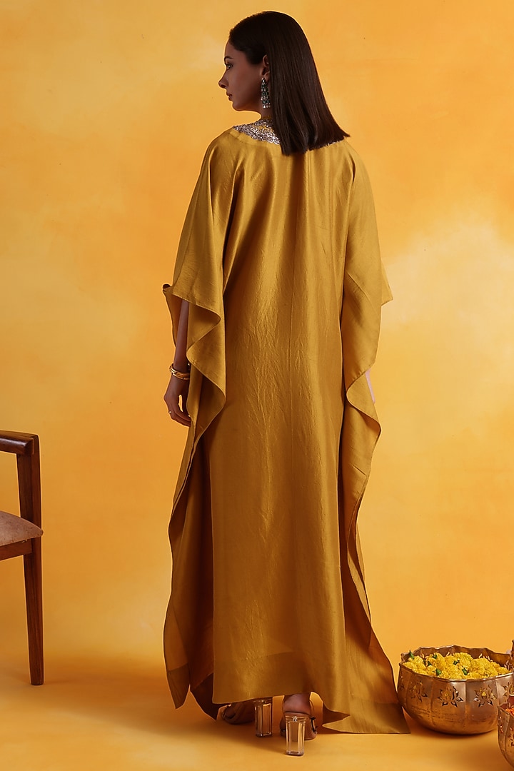 Yellow Premium Silk Embroidered Kaftan by Pairaahan at Pernia's Pop Up Shop