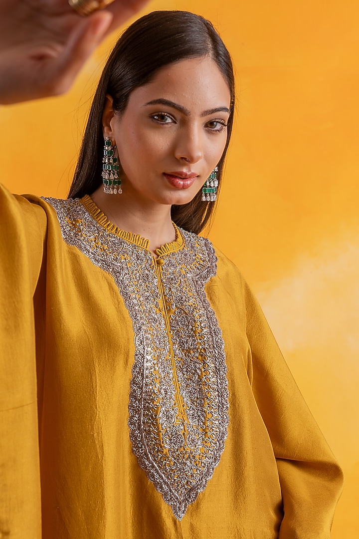 Yellow Premium Silk Embroidered Kaftan by Pairaahan at Pernia's Pop Up Shop
