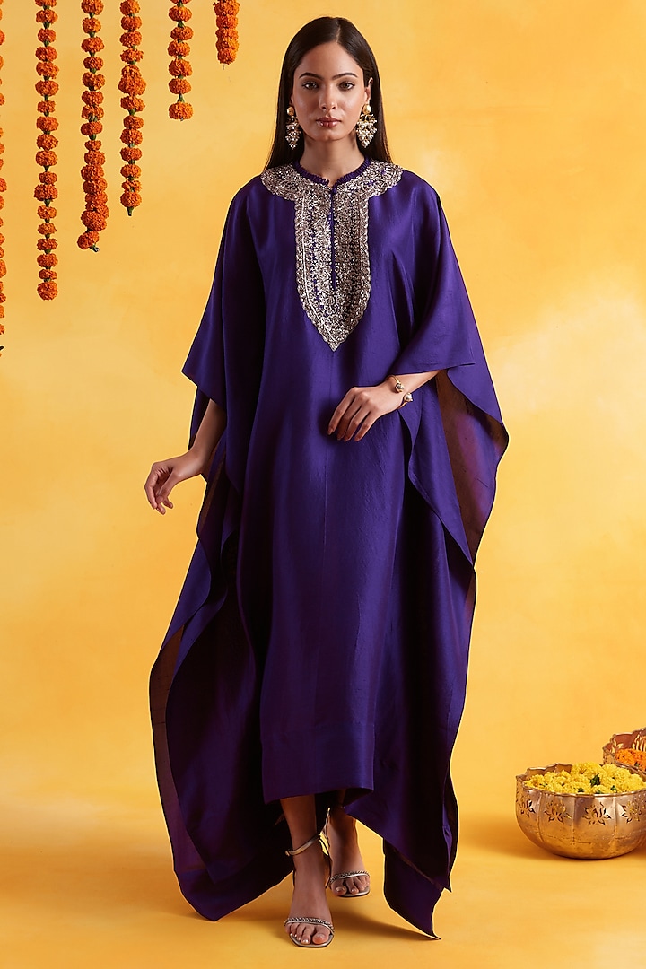 Purple Premium Silk Embroidered Kaftan by Pairaahan