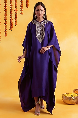 Purple Premium Silk Embroidered Kaftan by Pairaahan
