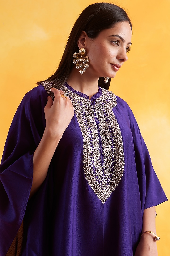 Purple Premium Silk Embroidered Kaftan by Pairaahan at Pernia's Pop Up Shop
