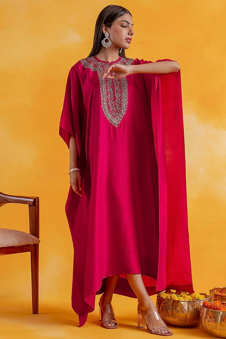 Fuchsia Pink Premium Silk Embroidered Kaftan by Pairaahan
