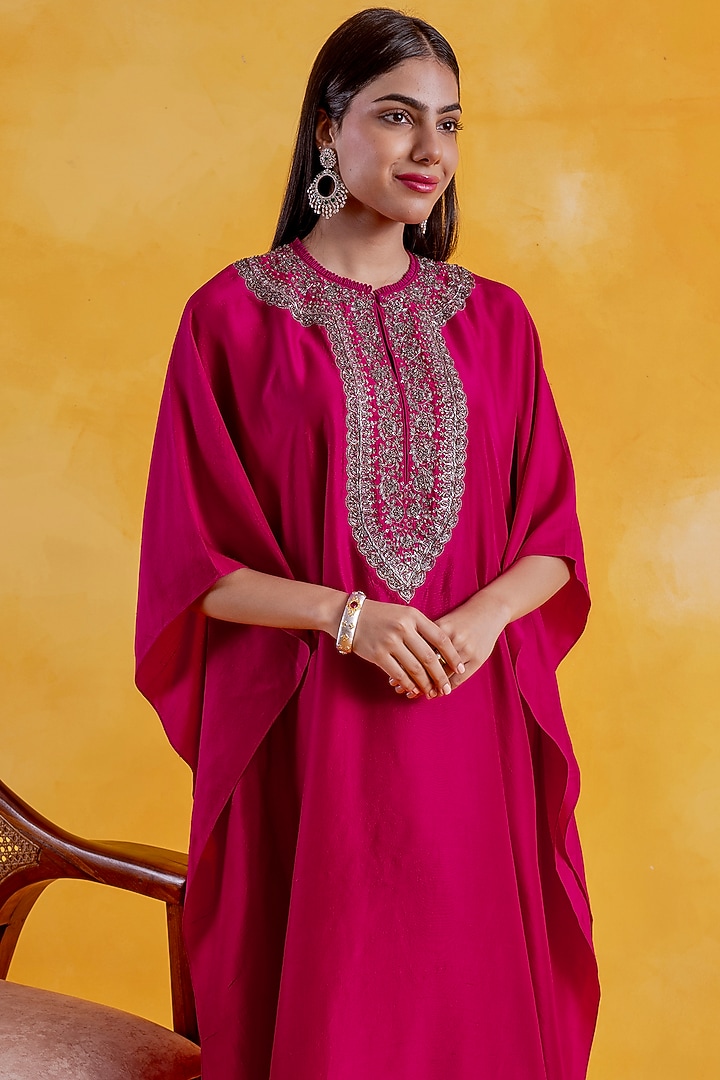 Fuchsia Pink Premium Silk Embroidered Kaftan by Pairaahan at Pernia's Pop Up Shop