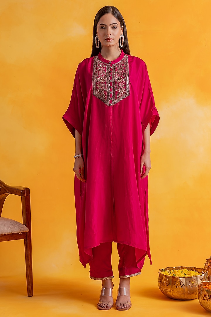 Fuchsia Pink Premium Silk Embroidered Kaftan Set by Pairaahan