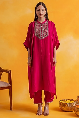 Fuchsia Pink Premium Silk Embroidered Kaftan Set by Pairaahan
