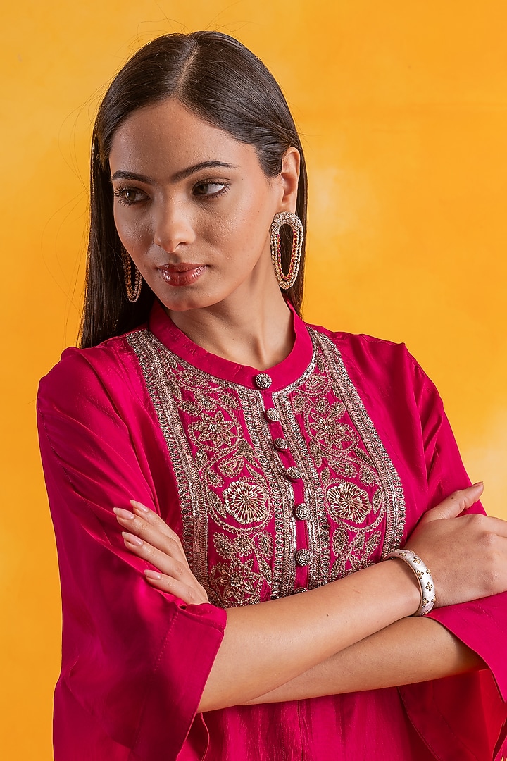 Fuchsia Pink Premium Silk Embroidered Kaftan Set by Pairaahan at Pernia's Pop Up Shop