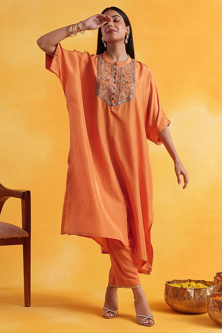 Orange Premium Silk Embroidered Kaftan Set by Pairaahan