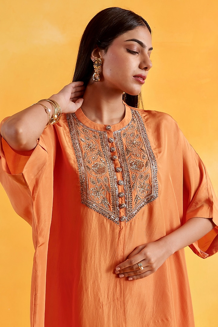 Orange Premium Silk Embroidered Kaftan Set by Pairaahan at Pernia's Pop Up Shop
