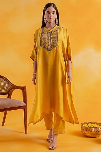 Yellow Premium Silk Embroidered Kaftan Set by Pairaahan at Pernia's Pop Up Shop