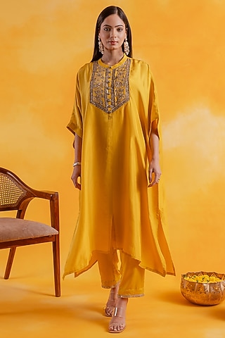Yellow Premium Silk Embroidered Kaftan Set by Pairaahan