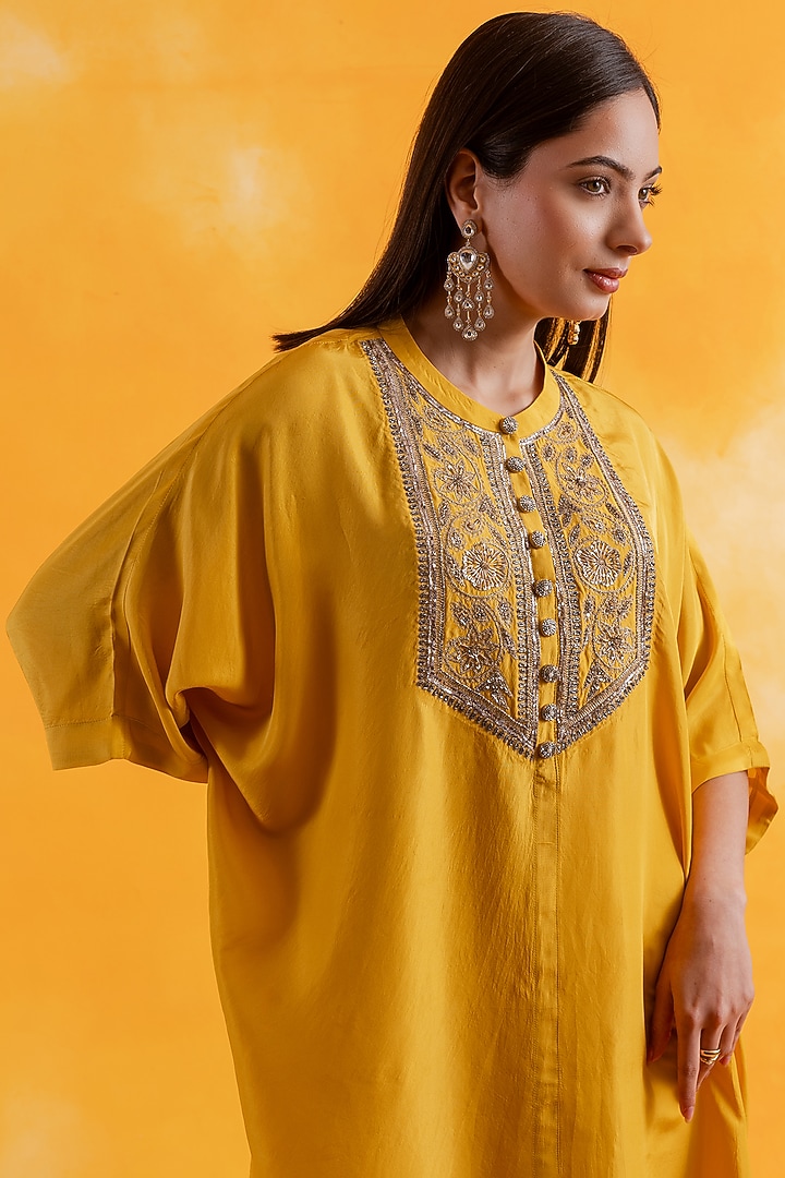 Yellow Premium Silk Embroidered Kaftan Set by Pairaahan at Pernia's Pop Up Shop