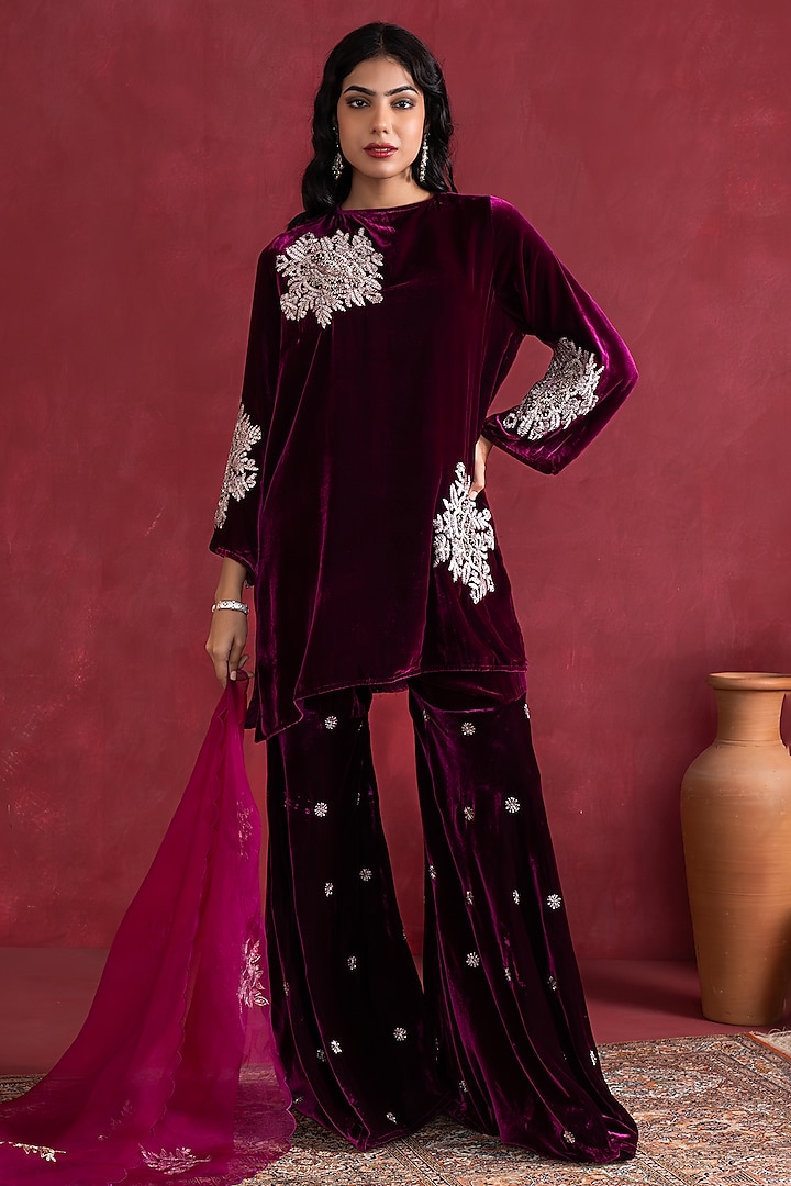 Magenta Silk Velvet Embroidered Sharara Set by Pairaahan