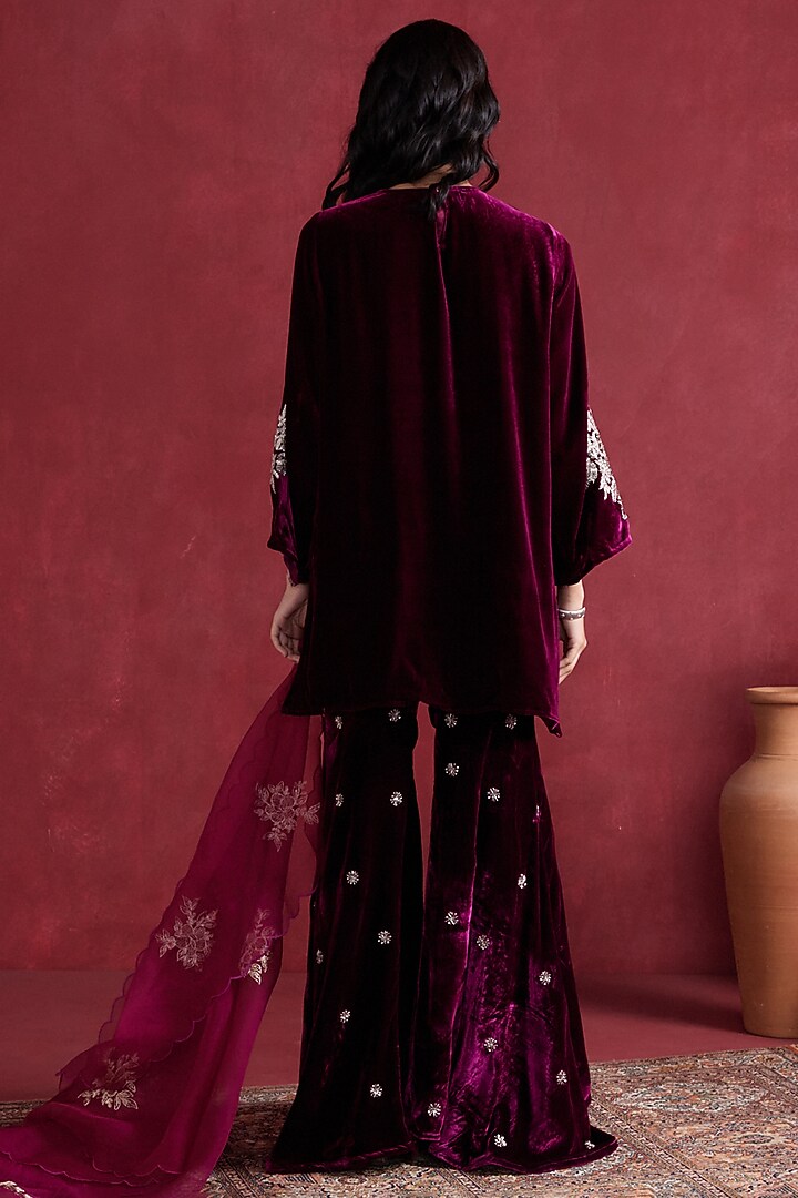 Magenta Silk Velvet Embroidered Wedding Sharara Set by Pairaahan at Pernia's Pop Up Shop