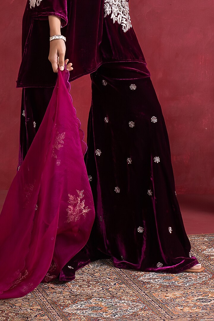 Magenta Silk Velvet Embroidered Wedding Sharara Set by Pairaahan at Pernia's Pop Up Shop