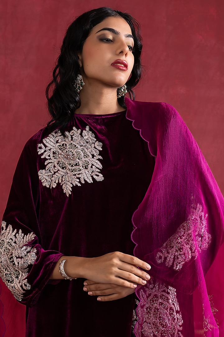 Magenta Silk Velvet Embroidered Wedding Sharara Set by Pairaahan at Pernia's Pop Up Shop
