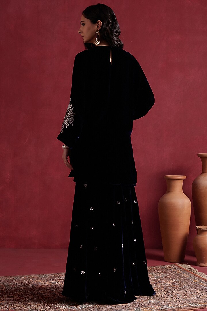 Blue Silk Velvet Embroidered Wedding Sharara Set by Pairaahan at Pernia's Pop Up Shop