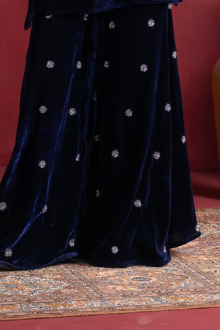 Blue Silk Velvet Embroidered Wedding Sharara Set by Pairaahan at Pernia's Pop Up Shop