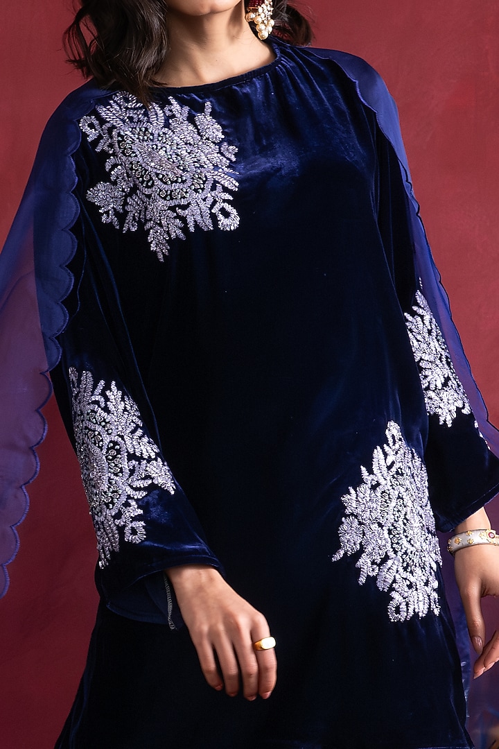 Blue Silk Velvet Embroidered Wedding Sharara Set by Pairaahan at Pernia's Pop Up Shop