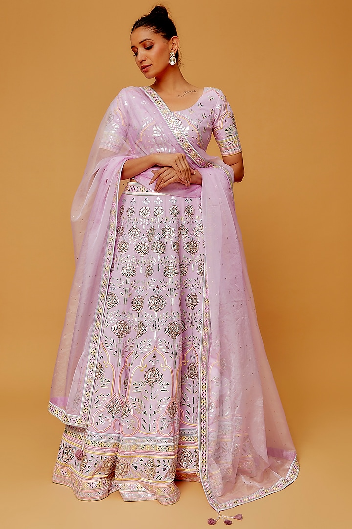 Lilac Silk & Organza Embroidered Lehenga Set by Sandhya Shah