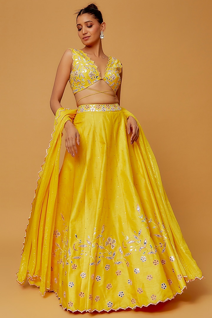 Yellow Silk & Organza Embroidered Lehenga Set by Sandhya Shah