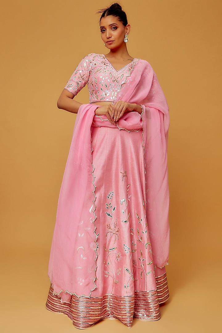Blush Pink Silk & Organza Embroidered Wedding Lehenga Set by Sandhya Shah at Pernia's Pop Up Shop