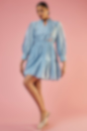 Powder Blue Chanderi Embroidered Gathered Summer Dress by Sandhya Shah at Pernia's Pop Up Shop