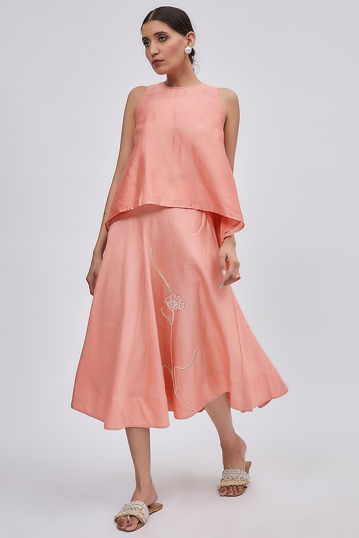 Peach Pure Chanderi Embroidered Skirt Set by Sandhya Shah
