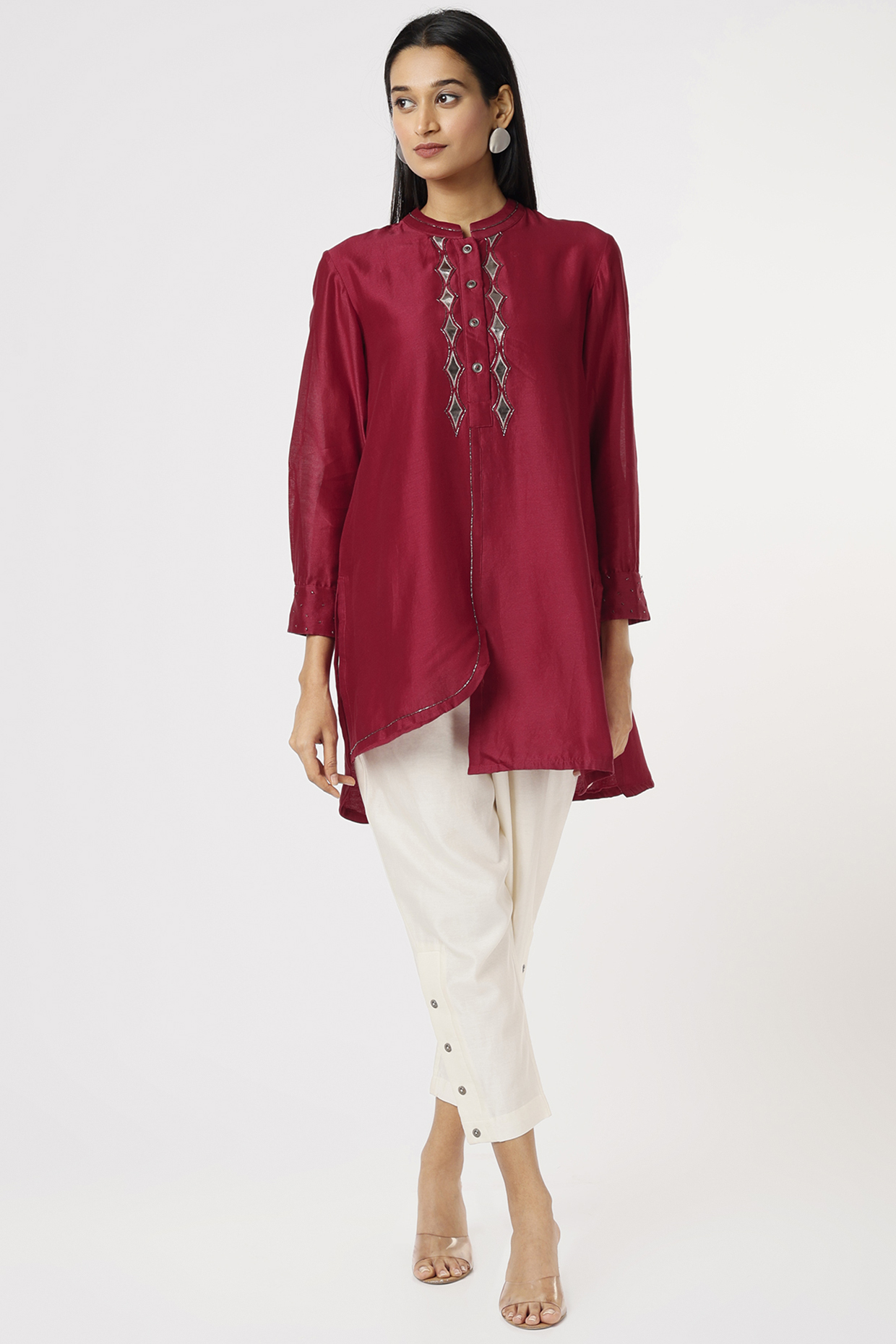 Off-White Chanderi Button-Down Pant Set by Sandhya Shah