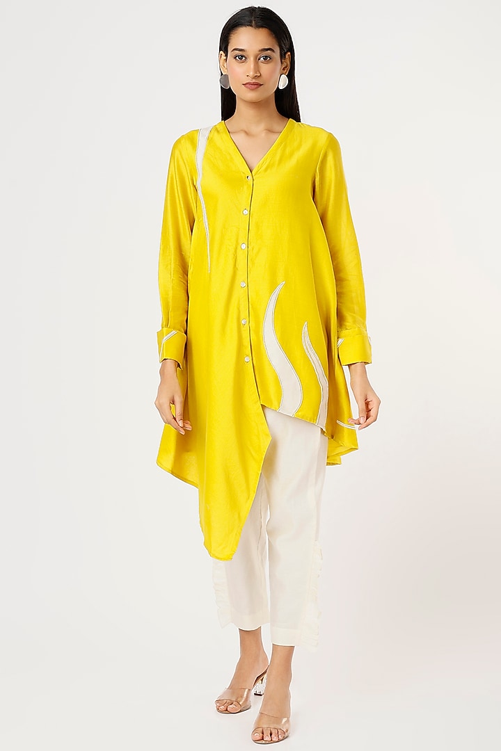 Sunshine Yellow Pure Chanderi Tunic Set by Sandhya Shah