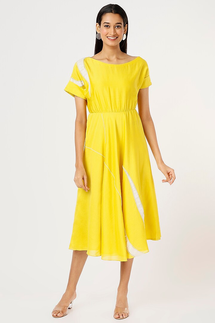 Sunshine Yellow Embroidered Midi Dress by Sandhya Shah