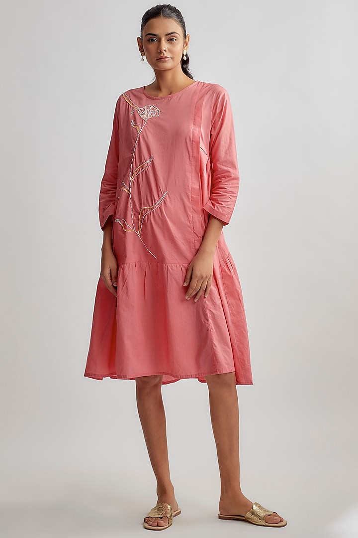 Peach Premium Cotton Hand Embroidered Dress by Sandhya Shah