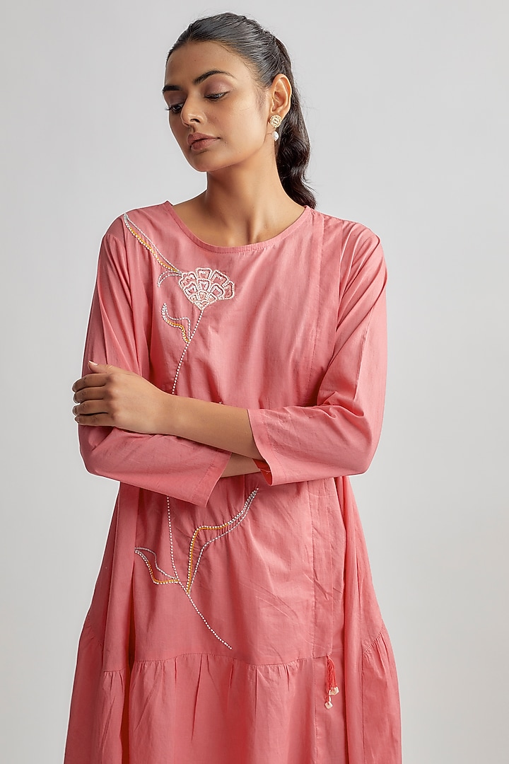 Peach Premium Cotton Hand Embroidered Summer Dress by Sandhya Shah at Pernia's Pop Up Shop