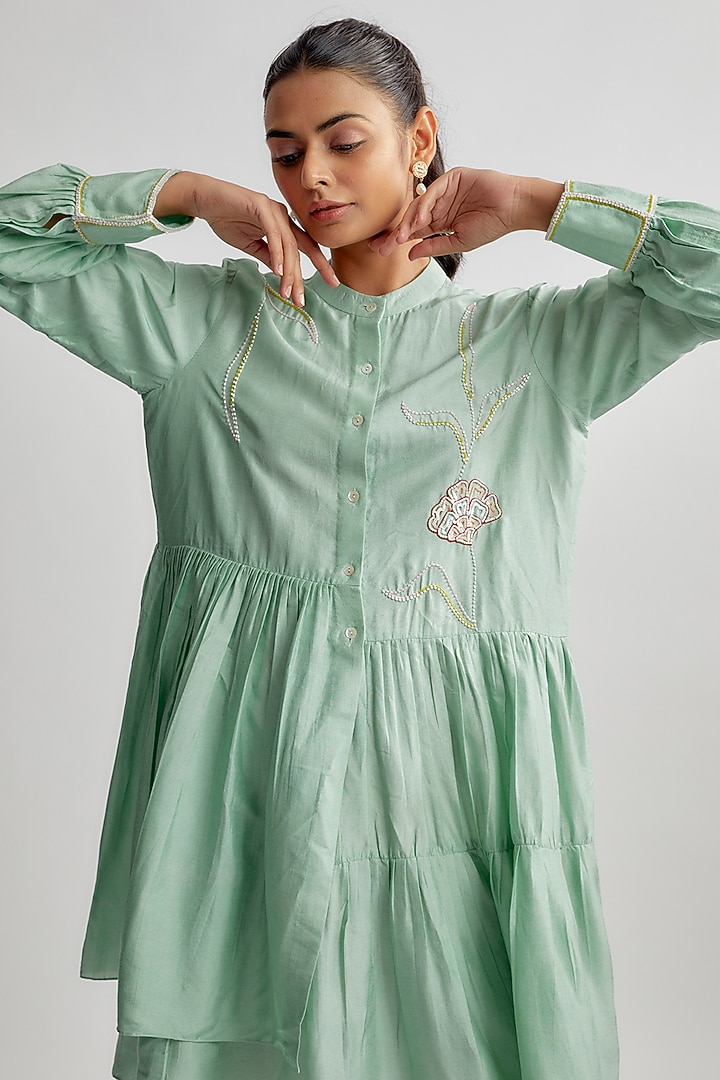 Green Cotton Silk Hand Embroidered Summer Dress by Sandhya Shah at Pernia's Pop Up Shop