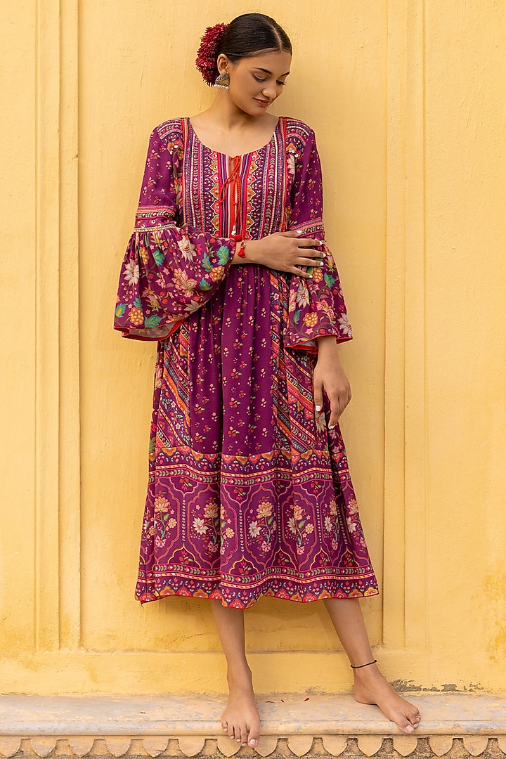 Wine Double Georgette Embroidered & Printed Dress by Sandhya Shah