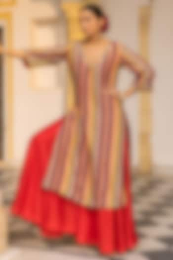 Multi-Colored Dupion Silk Printed Stripes & Hand Embroidered Kurta Set by Sandhya Shah at Pernia's Pop Up Shop