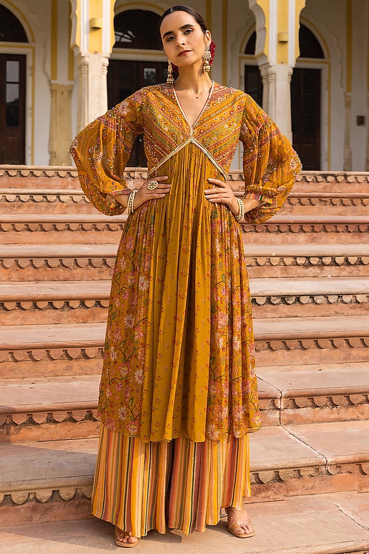 Mustard Yellow Pure Georgette Embroidered Kurta Set by Sandhya Shah at Pernia's Pop Up Shop