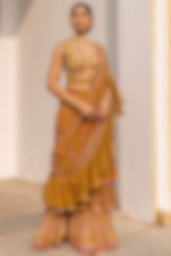 Mustard Yellow Pure Georgette Pre-Draped Printed Saree Set by Sandhya Shah at Pernia's Pop Up Shop