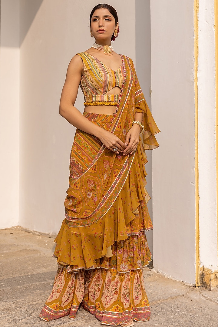 Mustard Yellow Pure Georgette Pre-Draped Printed Saree Set by Sandhya Shah at Pernia's Pop Up Shop