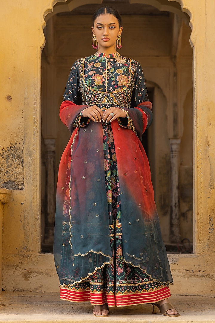 Deep Green Dupion Silk Embroidered Anarkali Set by Sandhya Shah at Pernia's Pop Up Shop