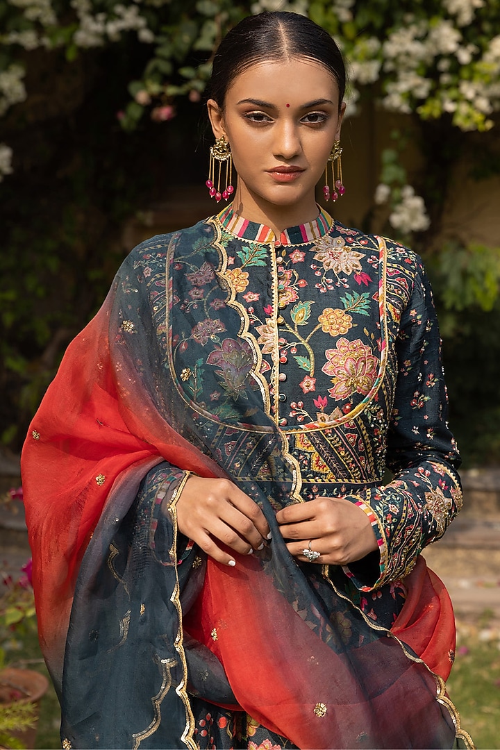 Deep Green Dupion Silk Embroidered Wedding Anarkali Set by Sandhya Shah at Pernia's Pop Up Shop