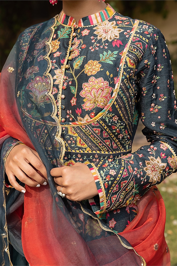 Deep Green Dupion Silk Embroidered Wedding Anarkali Set by Sandhya Shah at Pernia's Pop Up Shop