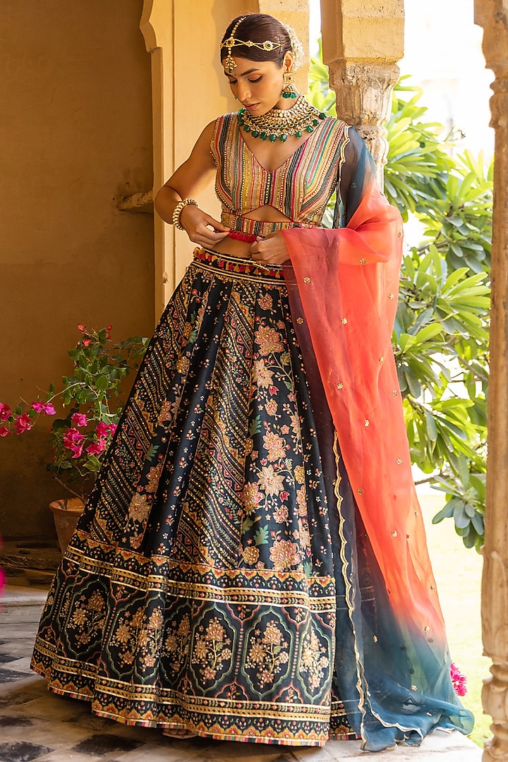 Deep Green Dupion Silk Printed & Embroidered Wedding Lehenga Set by Sandhya Shah at Pernia's Pop Up Shop