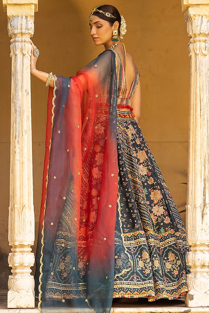 Deep Green Dupion Silk Printed & Embroidered Wedding Lehenga Set by Sandhya Shah at Pernia's Pop Up Shop