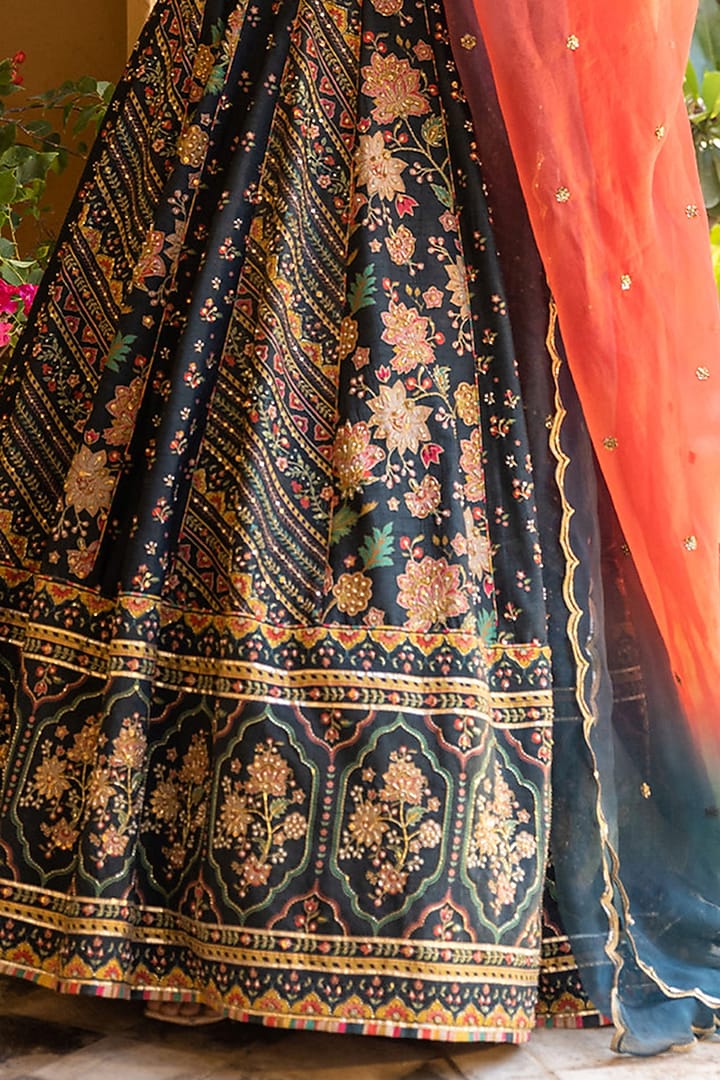 Deep Green Dupion Silk Printed & Embroidered Wedding Lehenga Set by Sandhya Shah at Pernia's Pop Up Shop