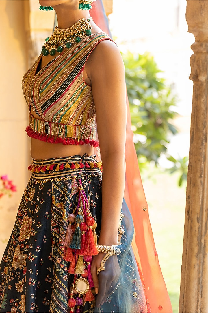 Deep Green Dupion Silk Printed & Embroidered Wedding Lehenga Set by Sandhya Shah at Pernia's Pop Up Shop