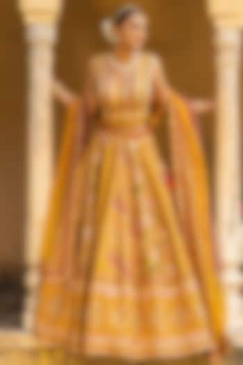 Mustard Yellow Dupion Silk Printed & Embroidered Wedding Lehenga Set by Sandhya Shah at Pernia's Pop Up Shop