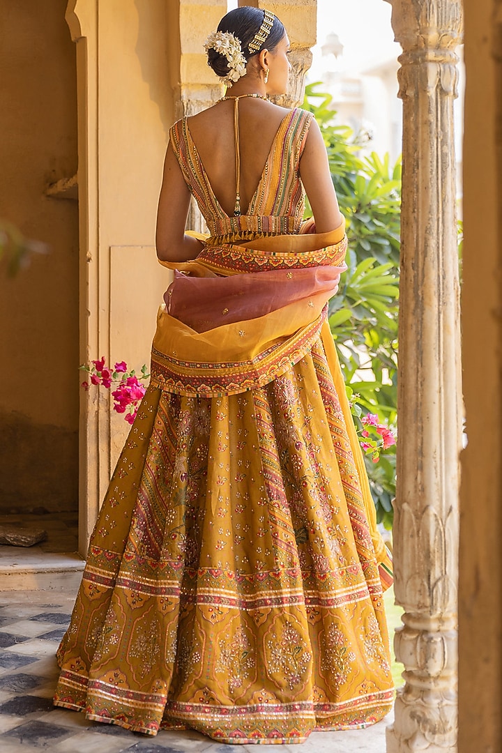 Mustard Yellow Dupion Silk Printed & Embroidered Wedding Lehenga Set by Sandhya Shah at Pernia's Pop Up Shop