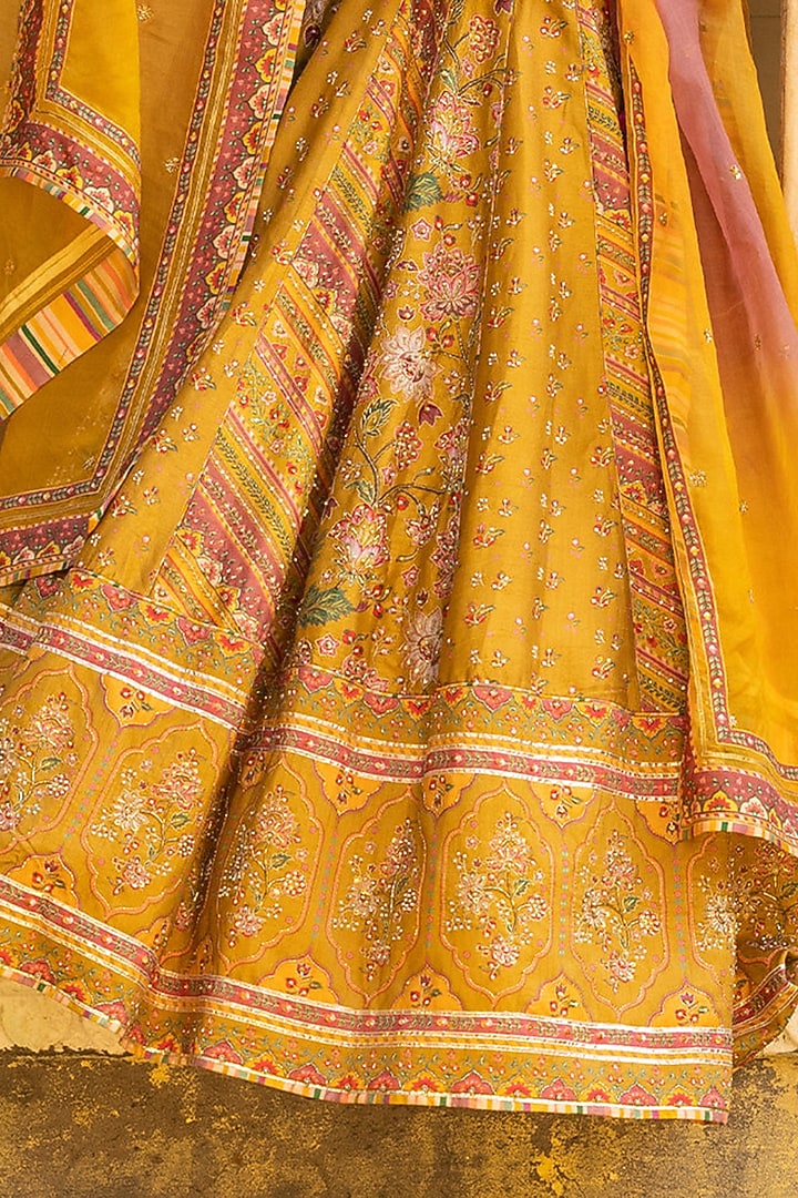 Mustard Yellow Dupion Silk Printed & Embroidered Wedding Lehenga Set by Sandhya Shah at Pernia's Pop Up Shop